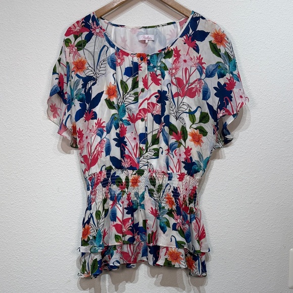 Parker Tops - Parker White Floral Smocked Peplum Short Sleeve Top button down size large